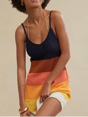 Aerie Striped Crochet Cover Up Mini‎ Dress Color Block Navy NWT
